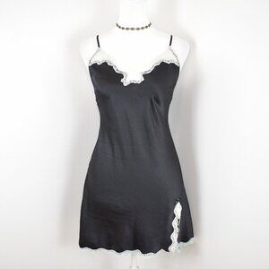 Victoria's Secret Black Satin w/ White Floral Lace Trim Mini Slip Dress Sz S